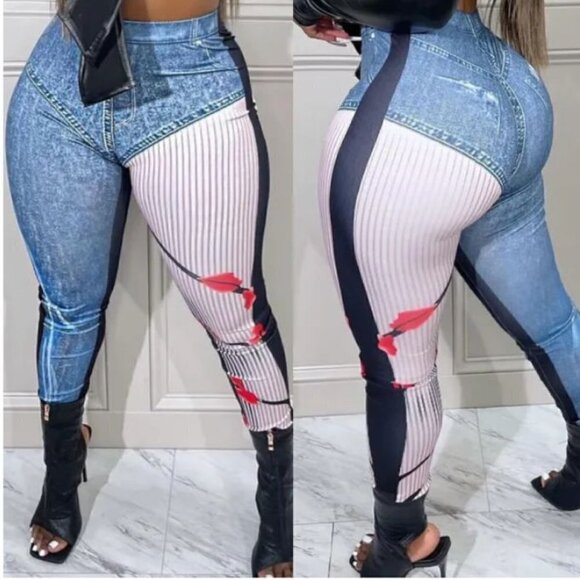 Pants - Women's Japanese Blossom Seamless Jeggings. Blue, white, and pink. Size XL.